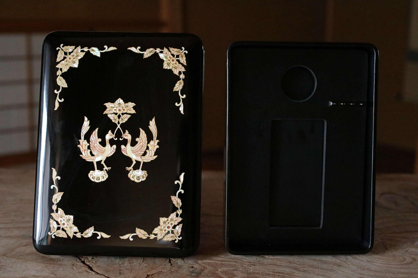 Japanese vintage portable Suzuri-bako Zen writing set Ink calligraphy with lacquer box bird flower design Brush ink etc 9.6×7.1in/24.5×18cm