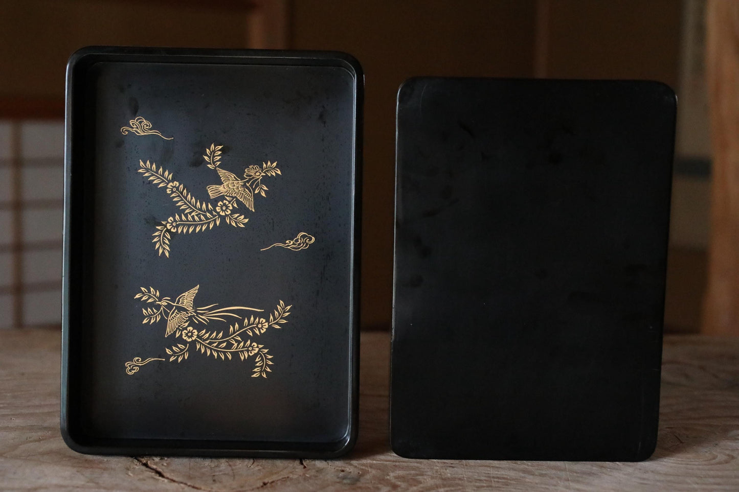 Japanese vintage portable Suzuri-bako Zen writing set Ink calligraphy with lacquer box bird flower design Brush ink etc 9.6×7.1in/24.5×18cm