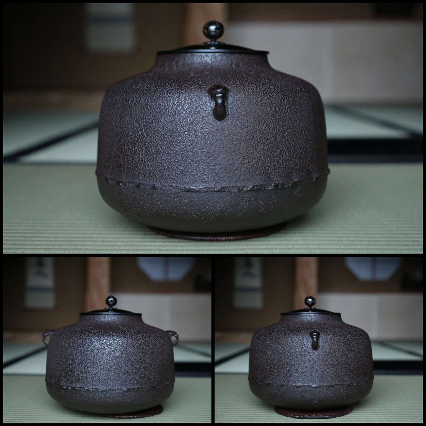 FINE! Japanese vintage cast iron kettle For Tea ceremony with a copper lid, "Amida-gama" Famous Kettle Master Box 1960s W10.2in/W26cm