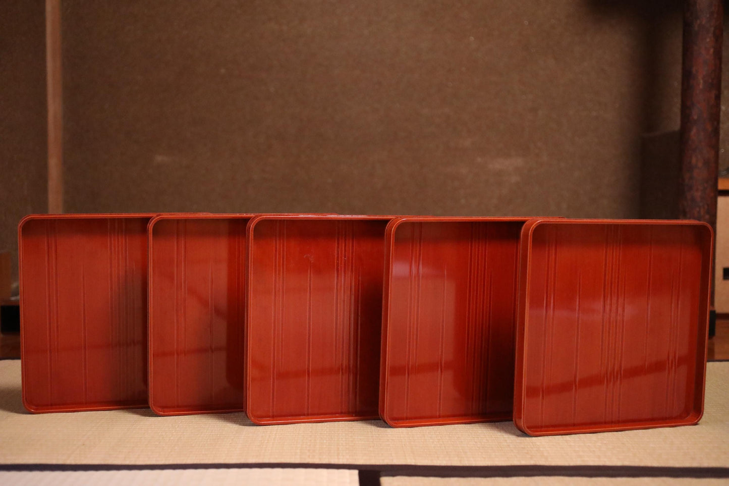 Set of 5 Japanese Vintage Lacquer tray "obon" wooden reddish brown Shunkei Lacquer for tea ceremony H1.1 x W13in/3.3 x 33cm