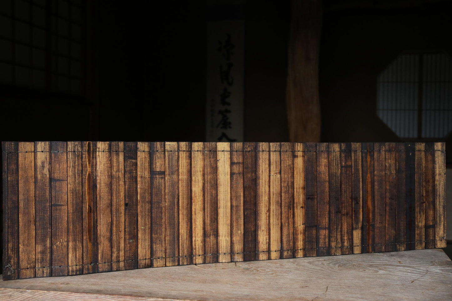 RARE! Japanese antique calligraphy "The Teachings of Zhu Xi" bamboo wood beautiful curving signboard, 1890s W403.5in/W1025cm