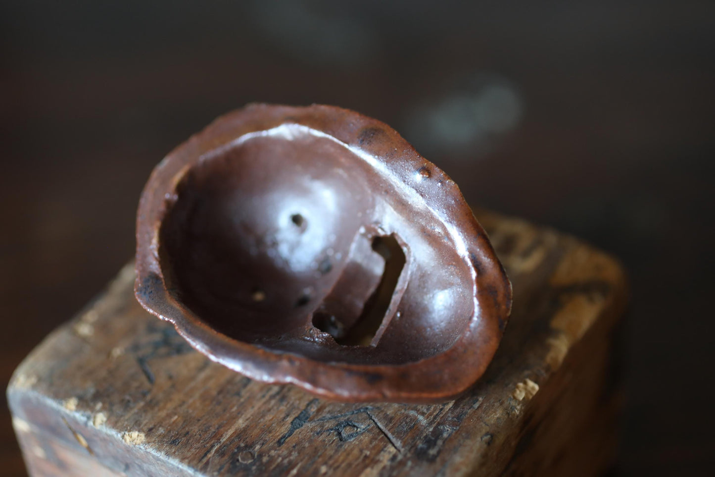 Miniature pottery Noh demon mask, 三光飛出 "Sanko tobide". pottery small ornament from Japanese traditional Noh playing, 2.7x1.9/6.9×4.9cm