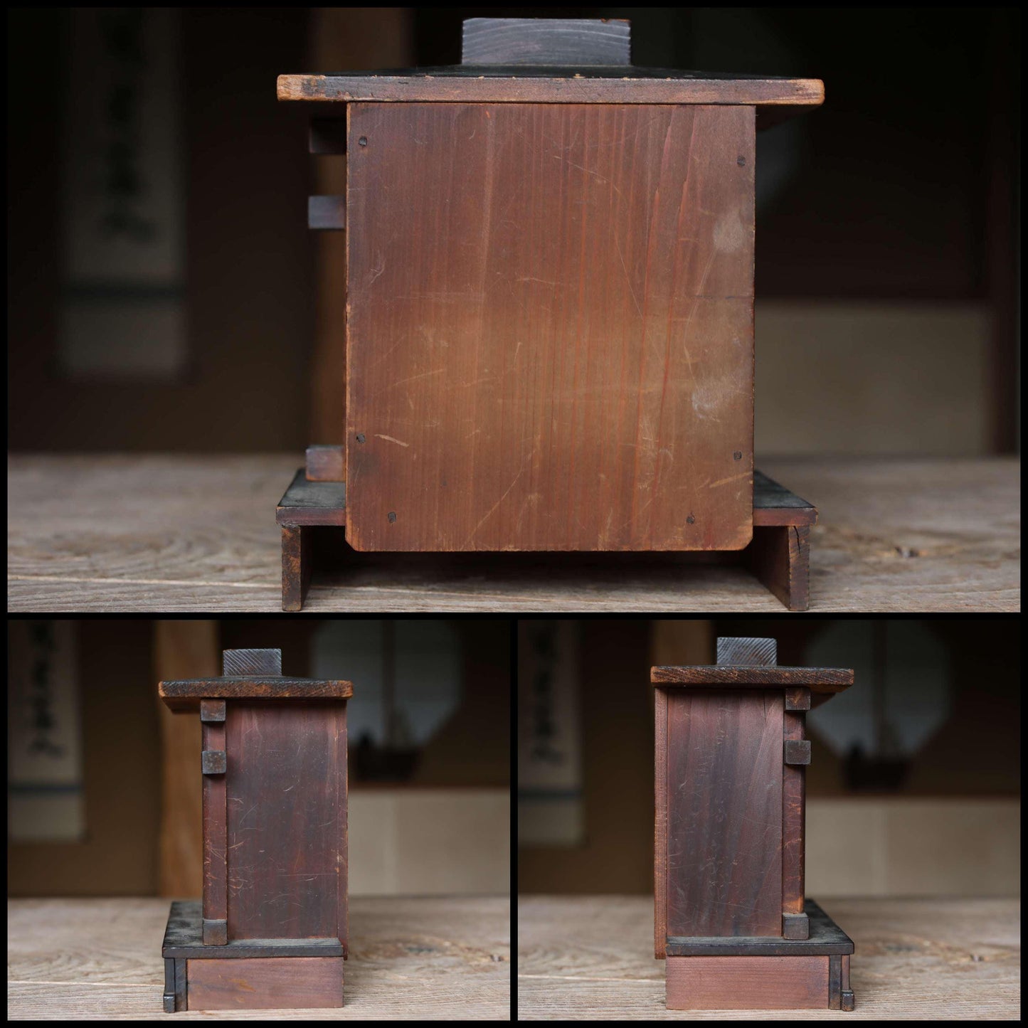 Japanese antique Zushi Cabinet with wood carving sculpture of lucky gods doll ,kamidana Japanese home shinto shrine 1930s H8.3in/H21cm