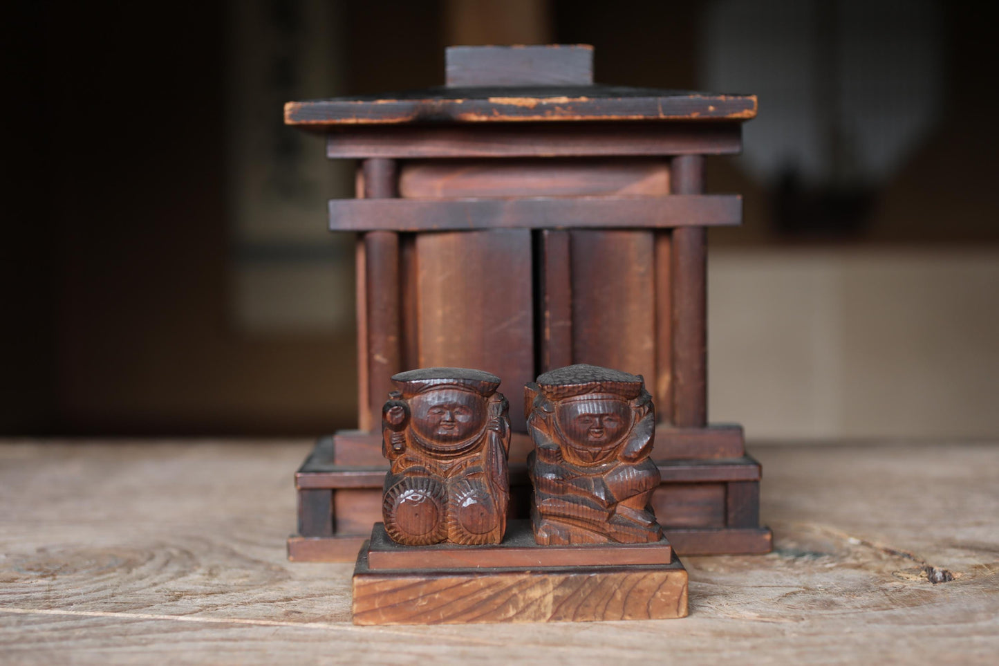 Japanese antique Zushi Cabinet with wood carving sculpture of lucky gods doll ,kamidana Japanese home shinto shrine 1930s H8.3in/H21cm