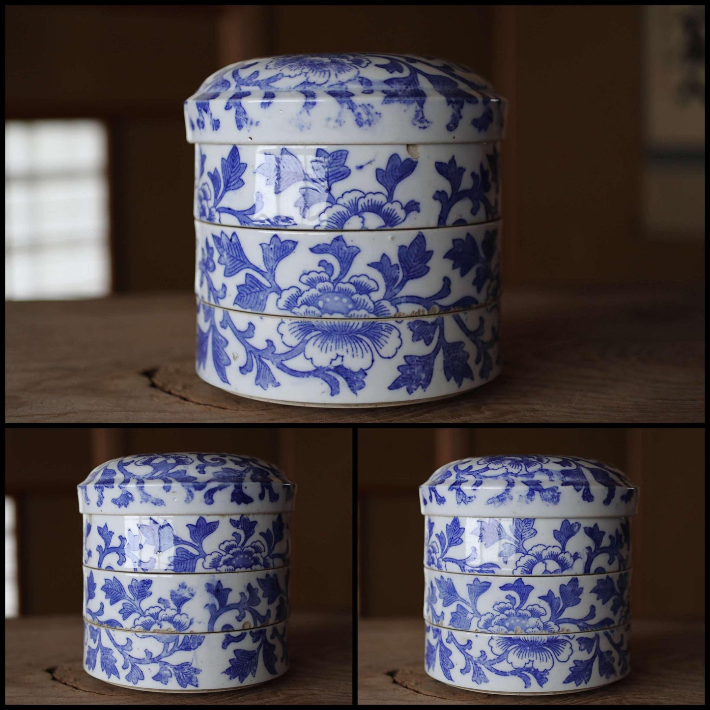 Antique Meiji era Imari Porcelain Jūbako Blue flower pattern decoration Stacking ceramic Bento Box H7.9×7.7in three-tiered box