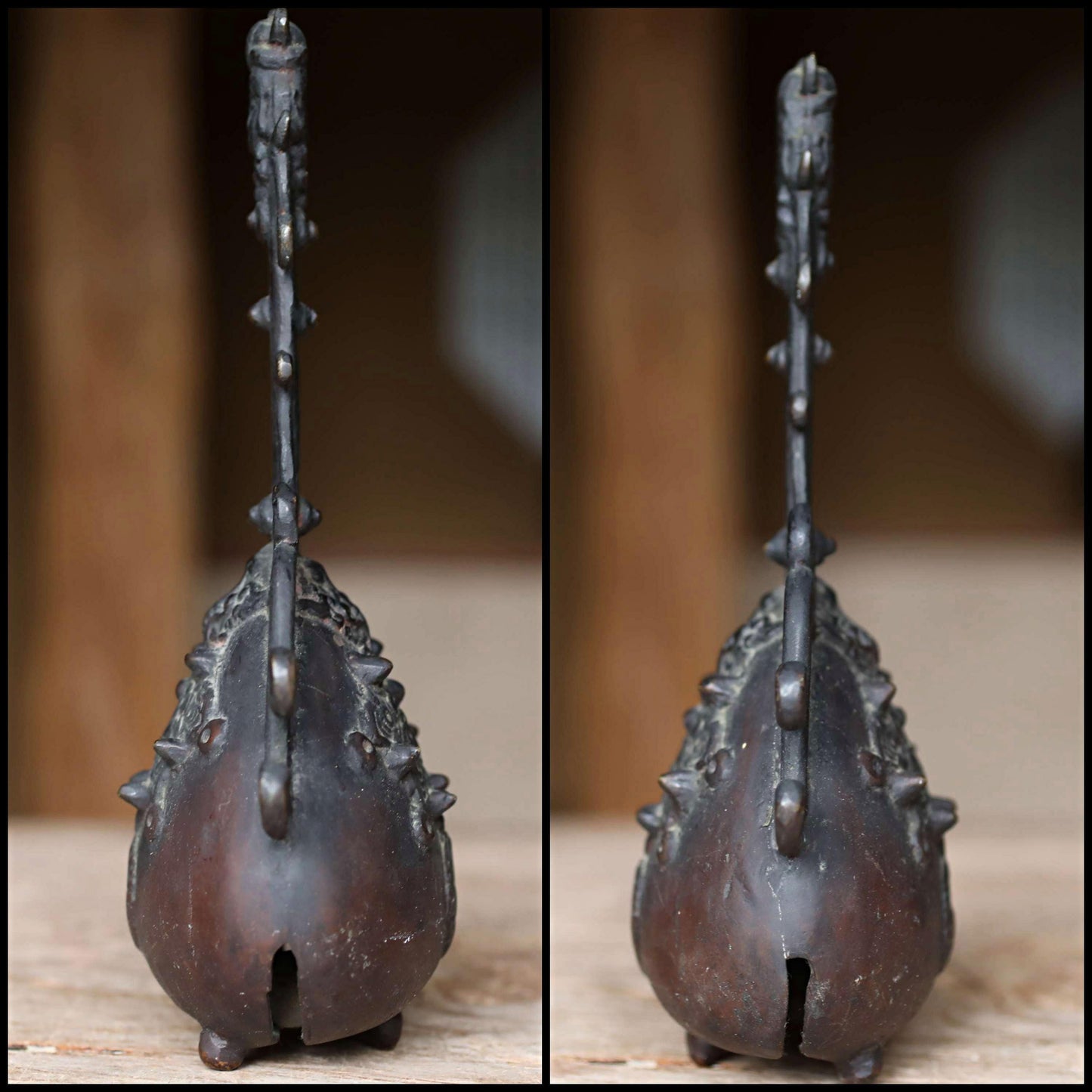 Japanese antique bronze Old 1800s bell Buddhist with sorcerer Chanting For tea ceremony H9.1in×5.9in/23×15cm