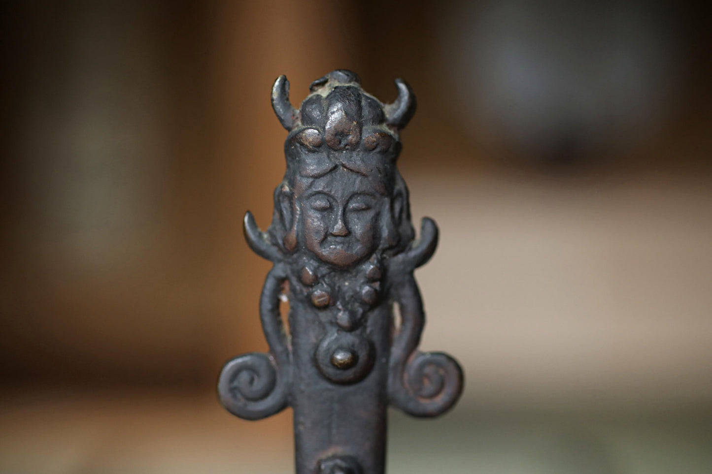 Japanese antique bronze Old 1800s bell Buddhist with sorcerer Chanting For tea ceremony H9.1in×5.9in/23×15cm