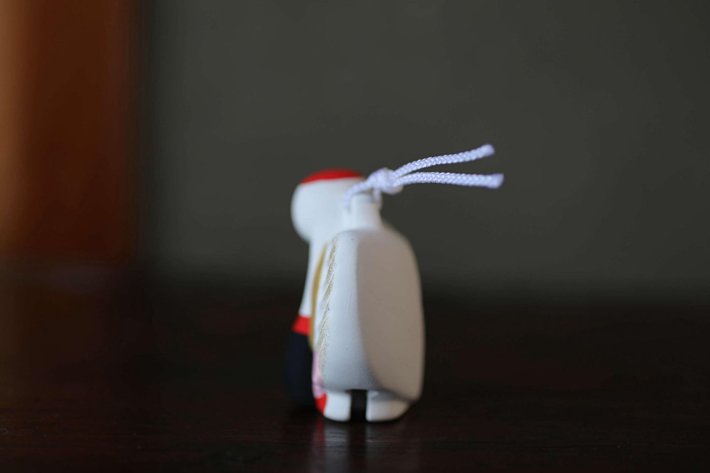 Japanese pottery bell a spread-eagled crane in bright colors with "寿 happiness", Christmas tree ornament H2.6in/H6.5cm