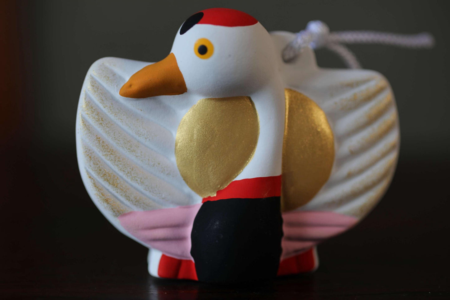 Japanese pottery bell a spread-eagled crane in bright colors with "寿 happiness", Christmas tree ornament H2.6in/H6.5cm