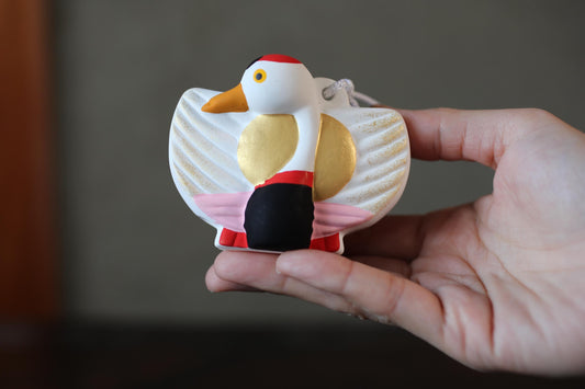 Japanese pottery bell a spread-eagled crane in bright colors with "寿 happiness", Christmas tree ornament H2.6in/H6.5cm