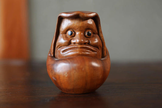 Japanese character DARUMA small doll hand carved made of wood, vintage Ornament Figurine of traditional H3.9in/H10cm
