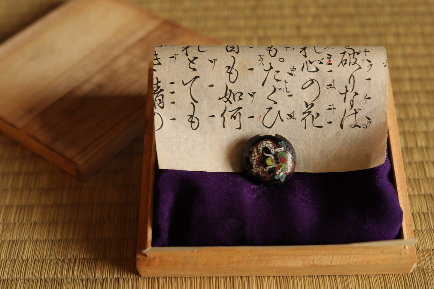 Cloisonne bead black dragon&phoenix Japanese antique kimono accessory "OBIDOME" OJIME inro 1920s with wooden box For gift