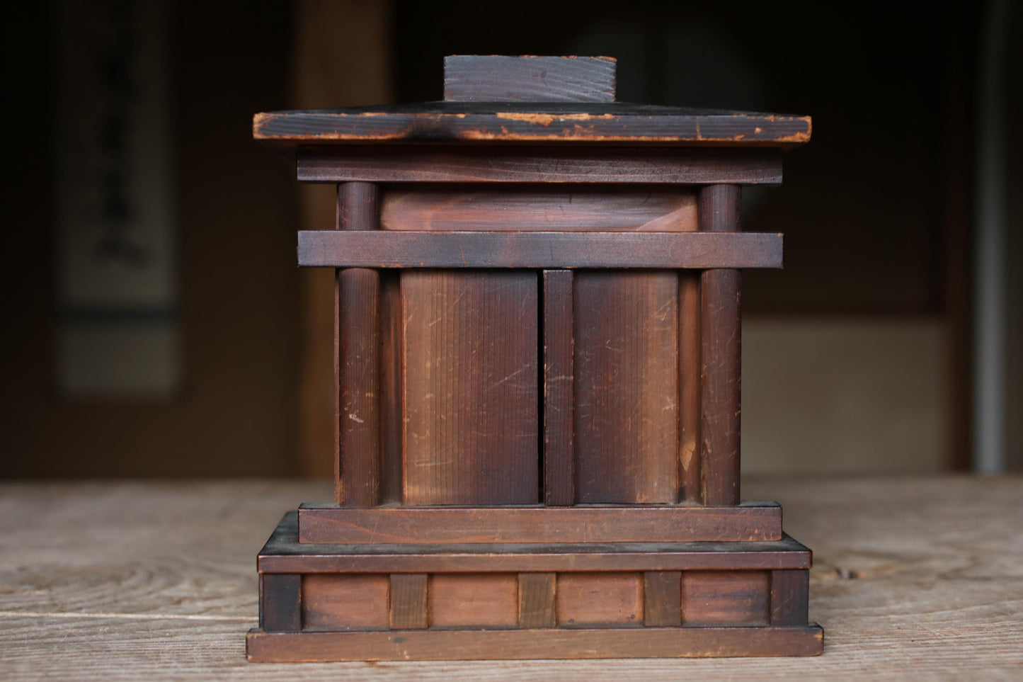 Japanese antique Zushi Cabinet with wood carving sculpture of lucky gods doll ,kamidana Japanese home shinto shrine 1930s H8.3in/H21cm