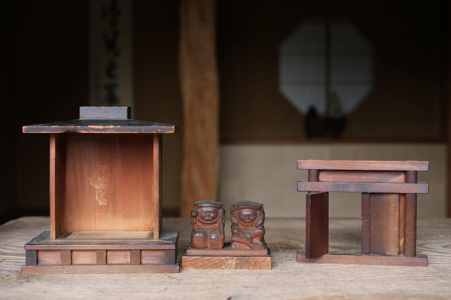 Japanese antique Zushi Cabinet with wood carving sculpture of lucky gods doll ,kamidana Japanese home shinto shrine 1930s H8.3in/H21cm
