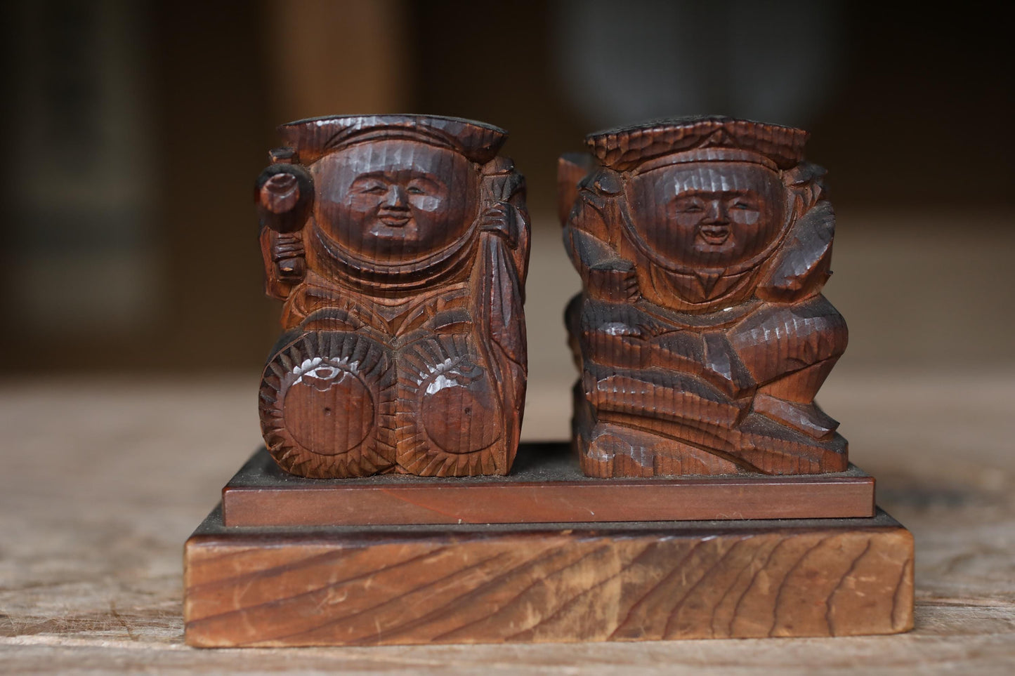 Japanese antique Zushi Cabinet with wood carving sculpture of lucky gods doll ,kamidana Japanese home shinto shrine 1930s H8.3in/H21cm