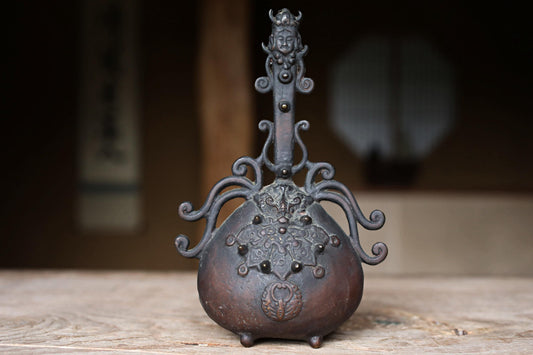 Japanese antique bronze Old 1800s bell Buddhist with sorcerer Chanting For tea ceremony H9.1in×5.9in/23×15cm