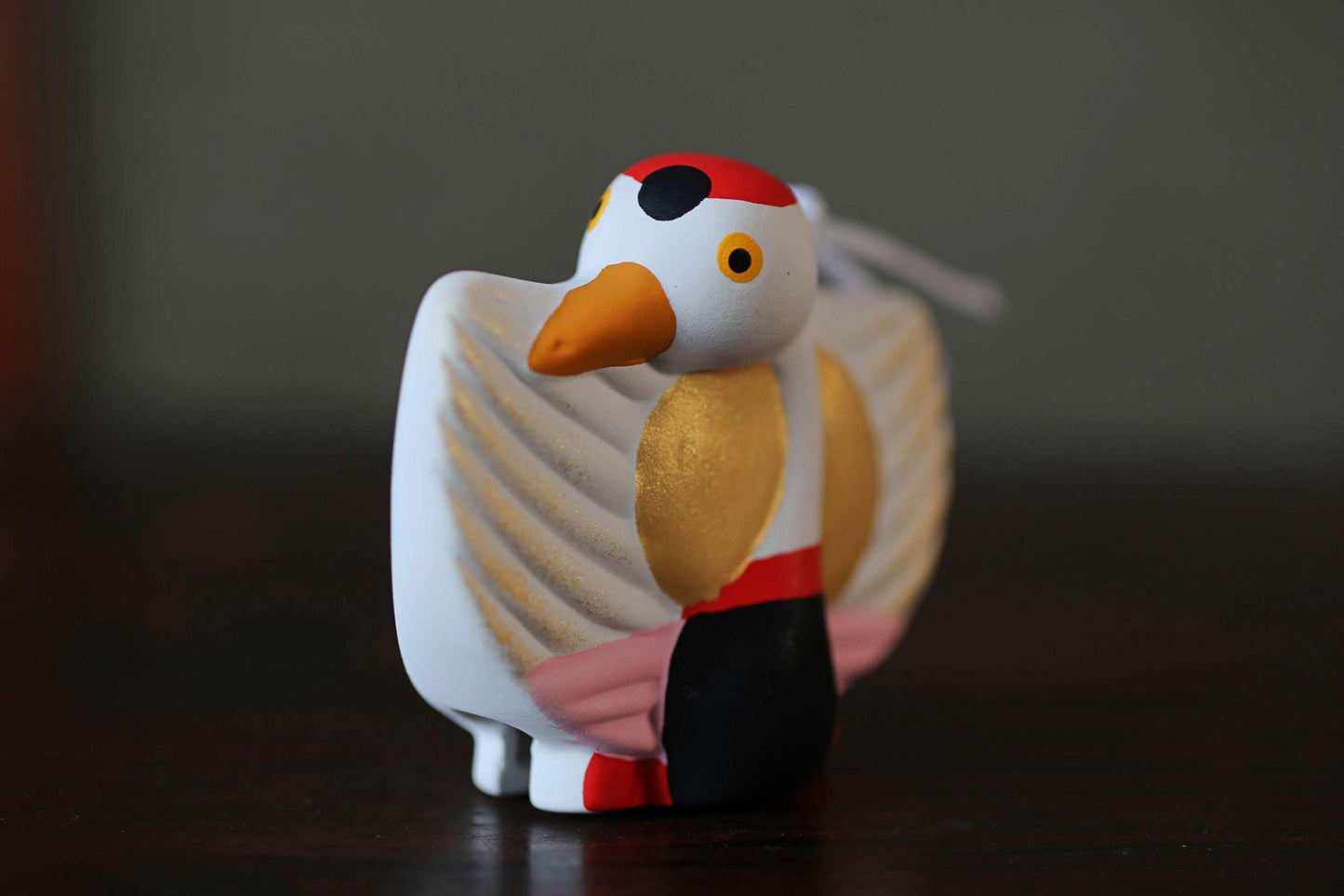 Japanese pottery bell a spread-eagled crane in bright colors with "寿 happiness", Christmas tree ornament H2.6in/H6.5cm
