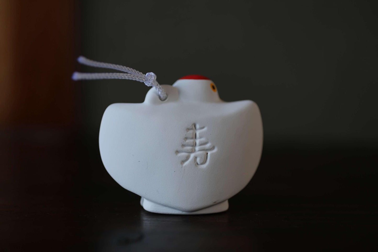 Japanese pottery bell a spread-eagled crane in bright colors with "寿 happiness", Christmas tree ornament H2.6in/H6.5cm