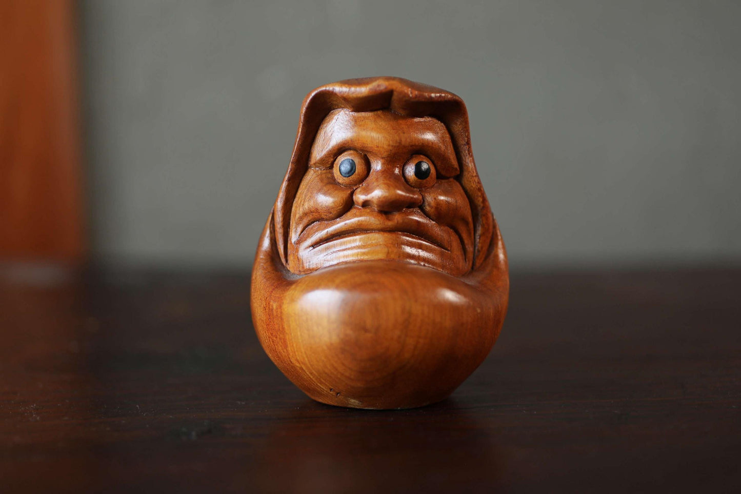 Japanese character DARUMA small doll hand carved made of wood, vintage Ornament Figurine of traditional H3.9in/H10cm