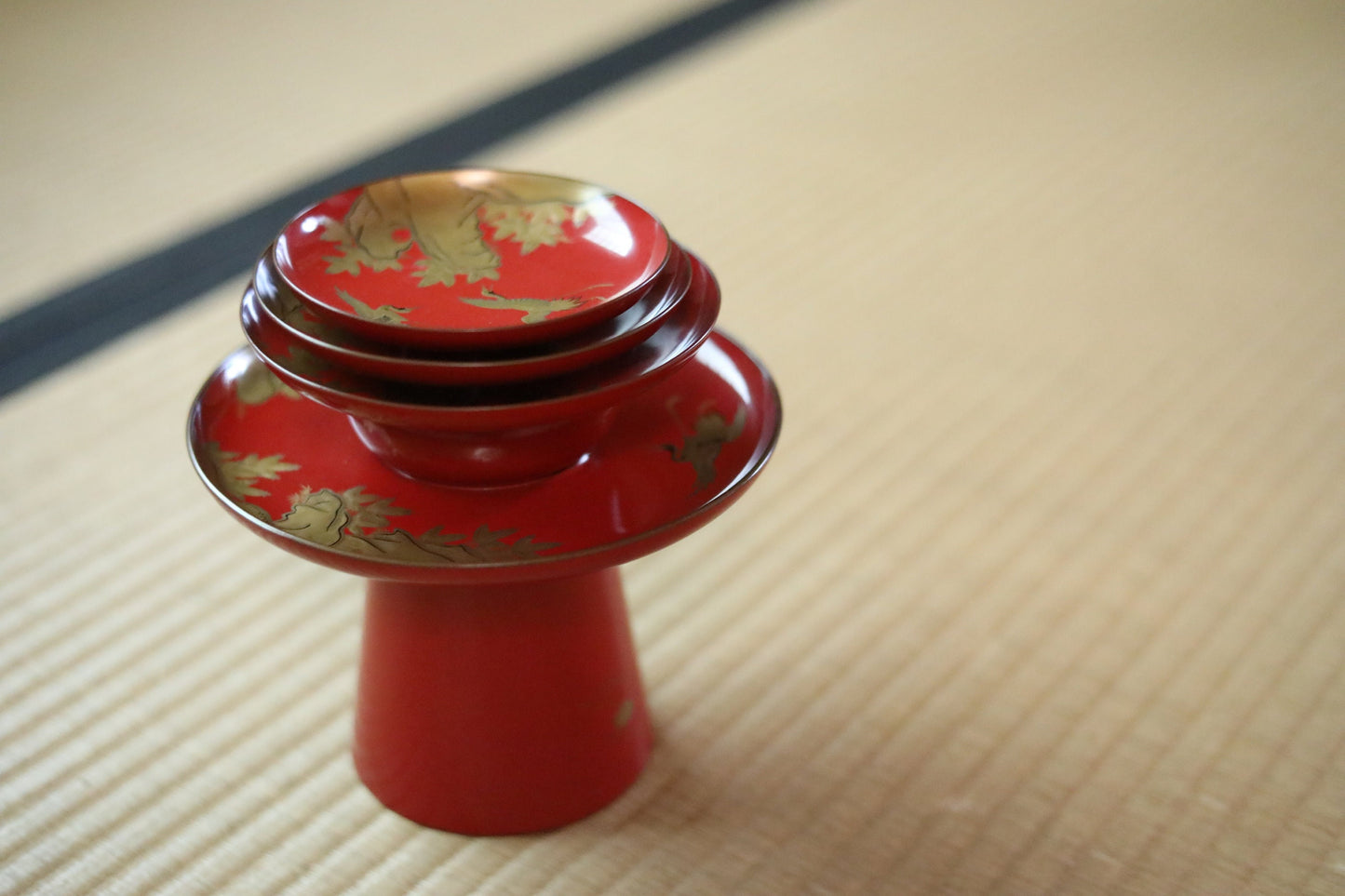 Japanese Antique sakazuki urushi sake set of 3 red gold lacquer MAKIE wooden sake cups with bards crane and pine trees 1800s
