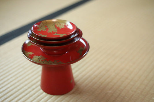 Japanese Antique sakazuki urushi sake set of 3 red gold lacquer MAKIE wooden sake cups with bards crane and pine trees 1800s