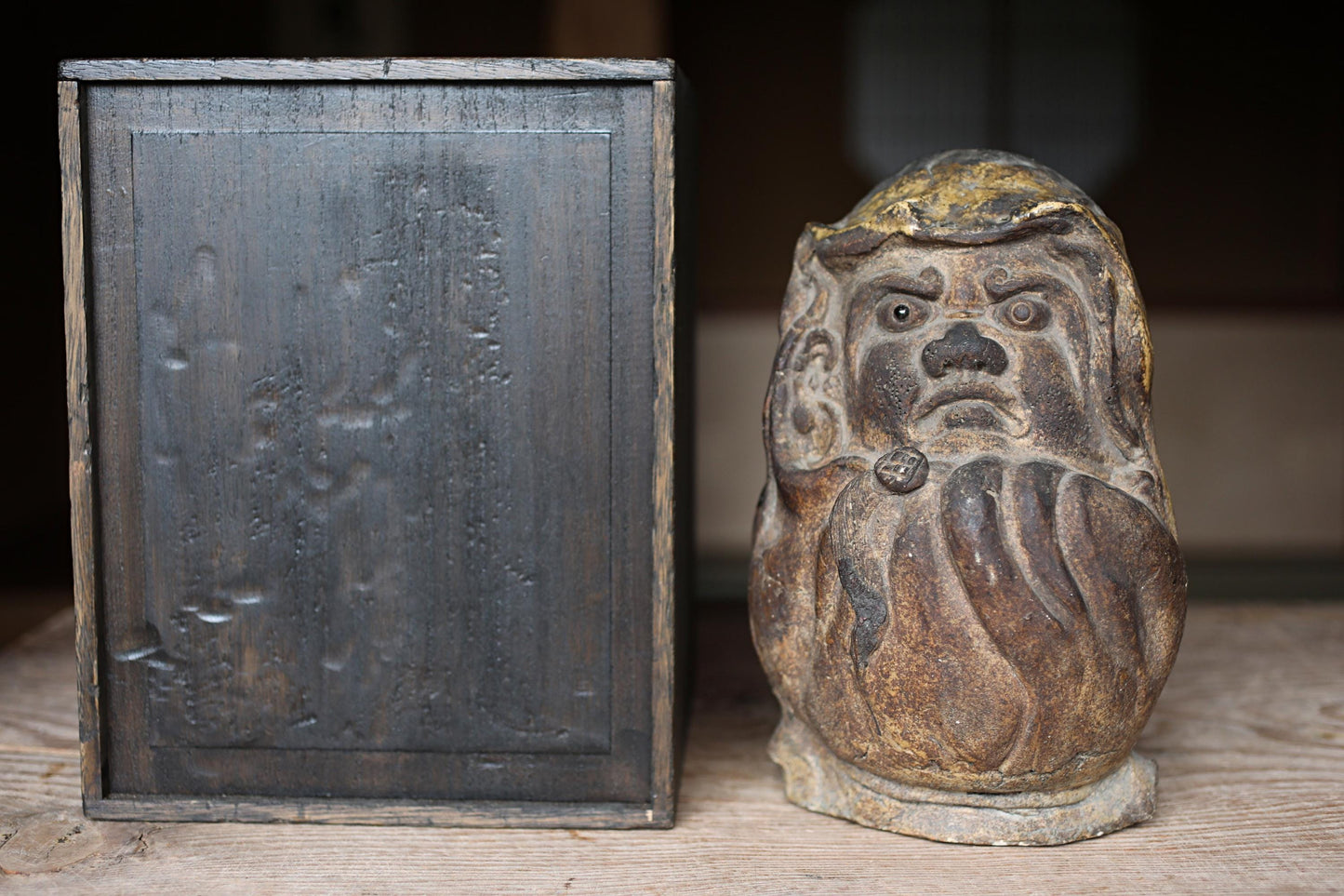 RARE! 1800s Japanese furniture Antique doll Hibachi brazier charcoal Fire Holder DARUMA Oribe buddhist monk EDO craft 10.9in/27.6cm