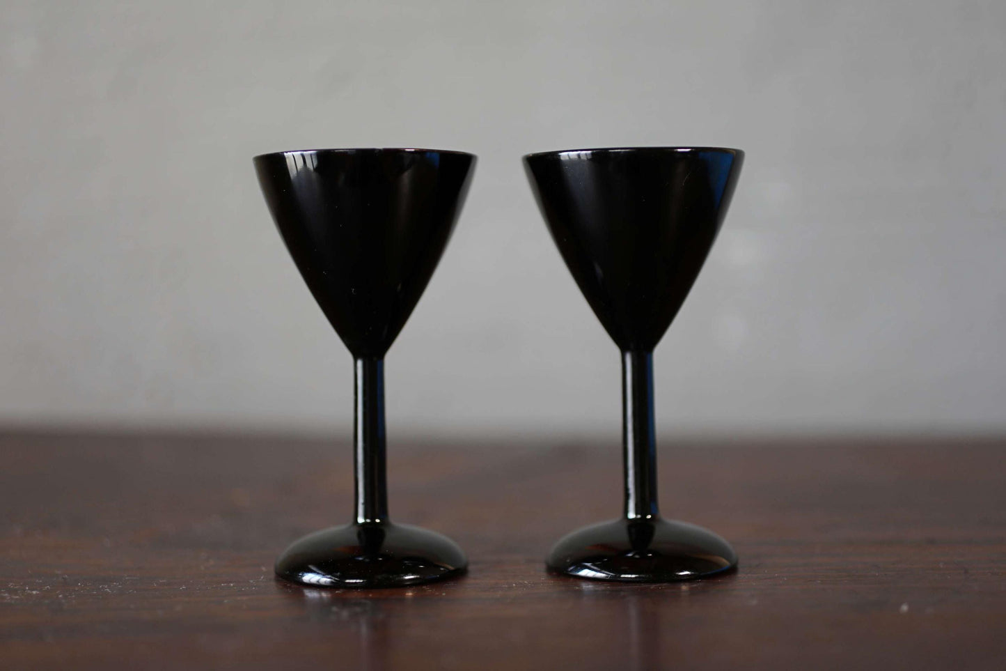 Japanese vintage black Lacquer urushi Pair of small sake cups aperitif goblet, wood craft "sakazuki" for gift H4.3in/H11cm