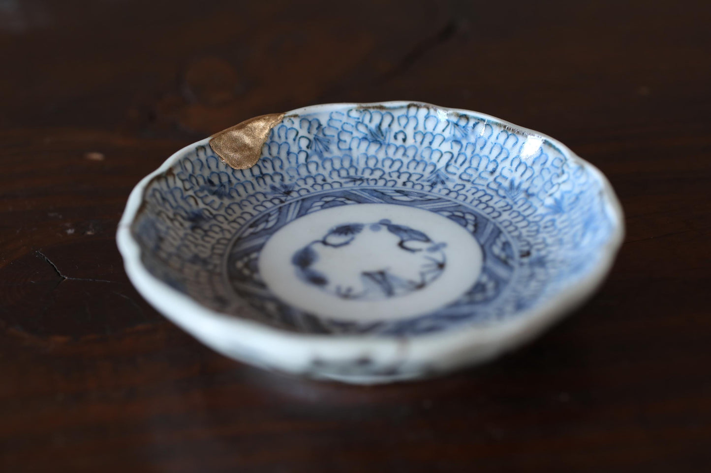 Japanese Antique EDO 1800s handcraft small plate, KINTUSGI porcelain ceramic dish Blue White relief pattern flower SOMETSUKE 4.3in/10.8cm