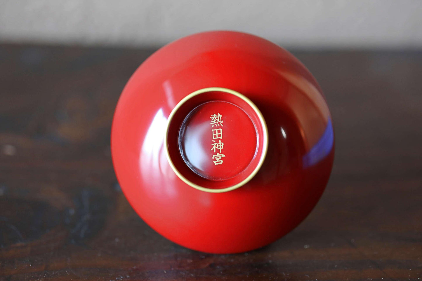 Red lacquer wooden sake cup with a SAMURAI family crest (foxglove tree), Japanese vintage wooden urushi tableware "SAKAZUKI" 3.5in/9cm