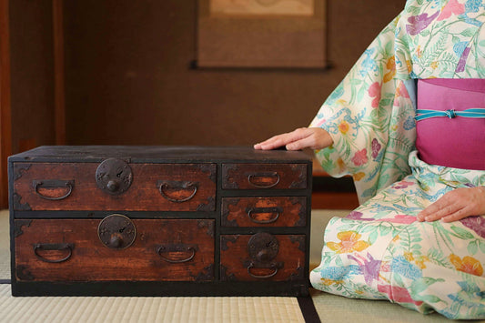 FINE! Japanese antique furniture 1800s black wooden low Chest of Drawers "TANSU" cool metal clasp Edo craft H10.6in×W22.4in×27in×57cm