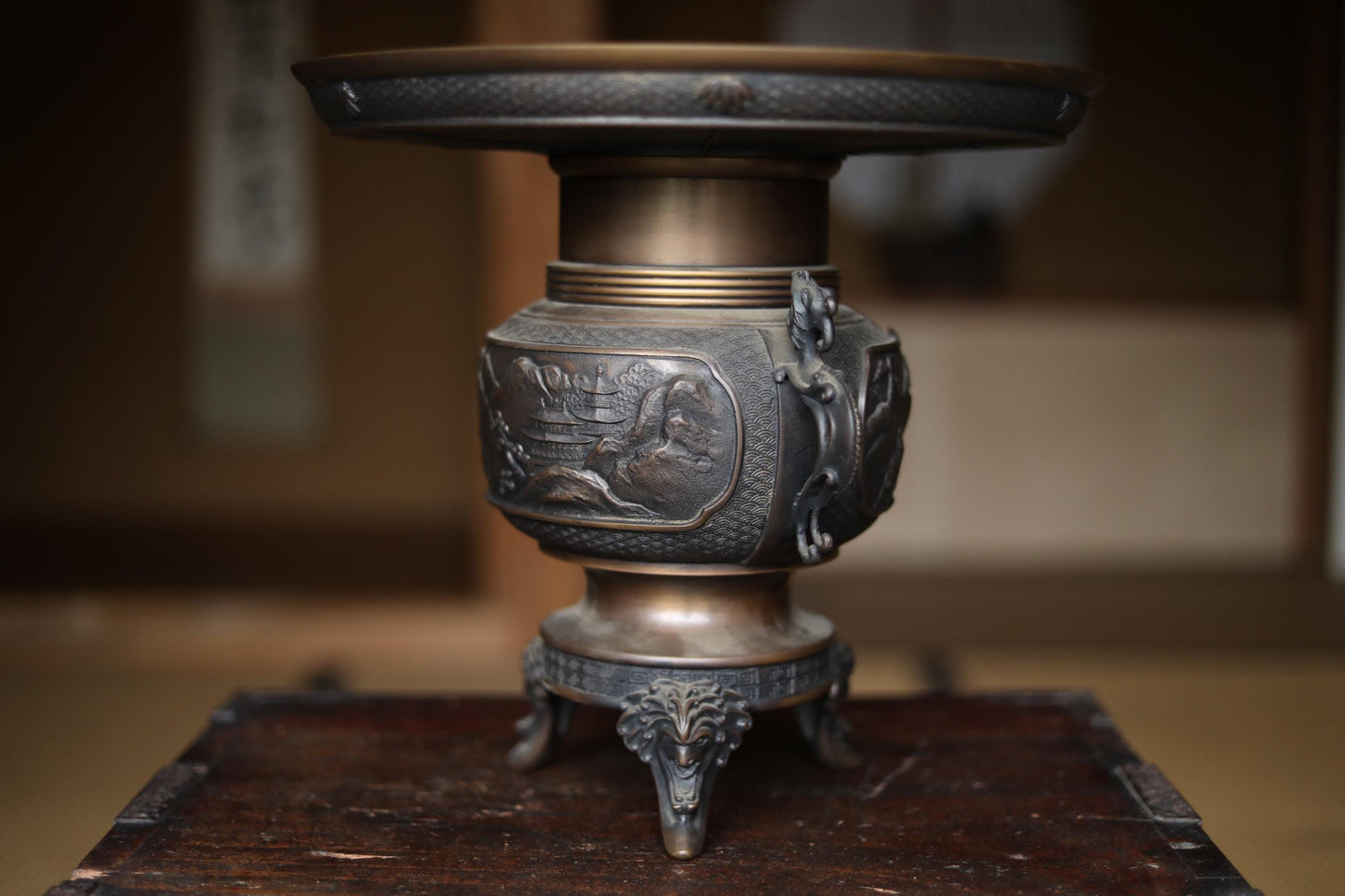 FINE! Japanese vintage bronze SUIBAN art flower vase USUBATA lost wax art with landscape dragon Precise relief furniture Ikebana H13in/H33cm