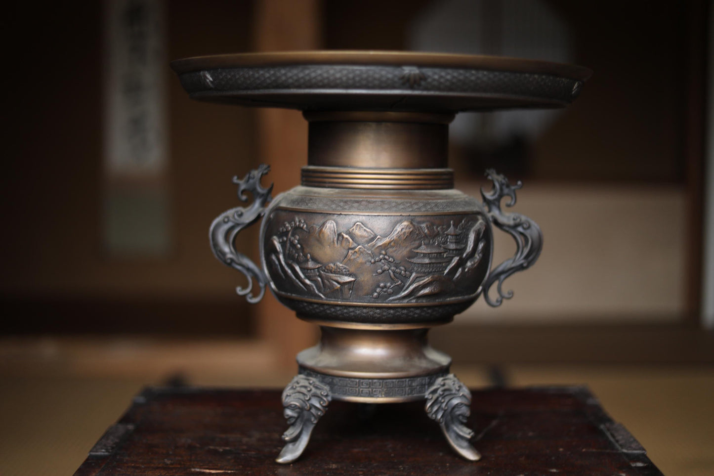 FINE! Japanese vintage bronze SUIBAN art flower vase USUBATA lost wax art with landscape dragon Precise relief furniture Ikebana H13in/H33cm