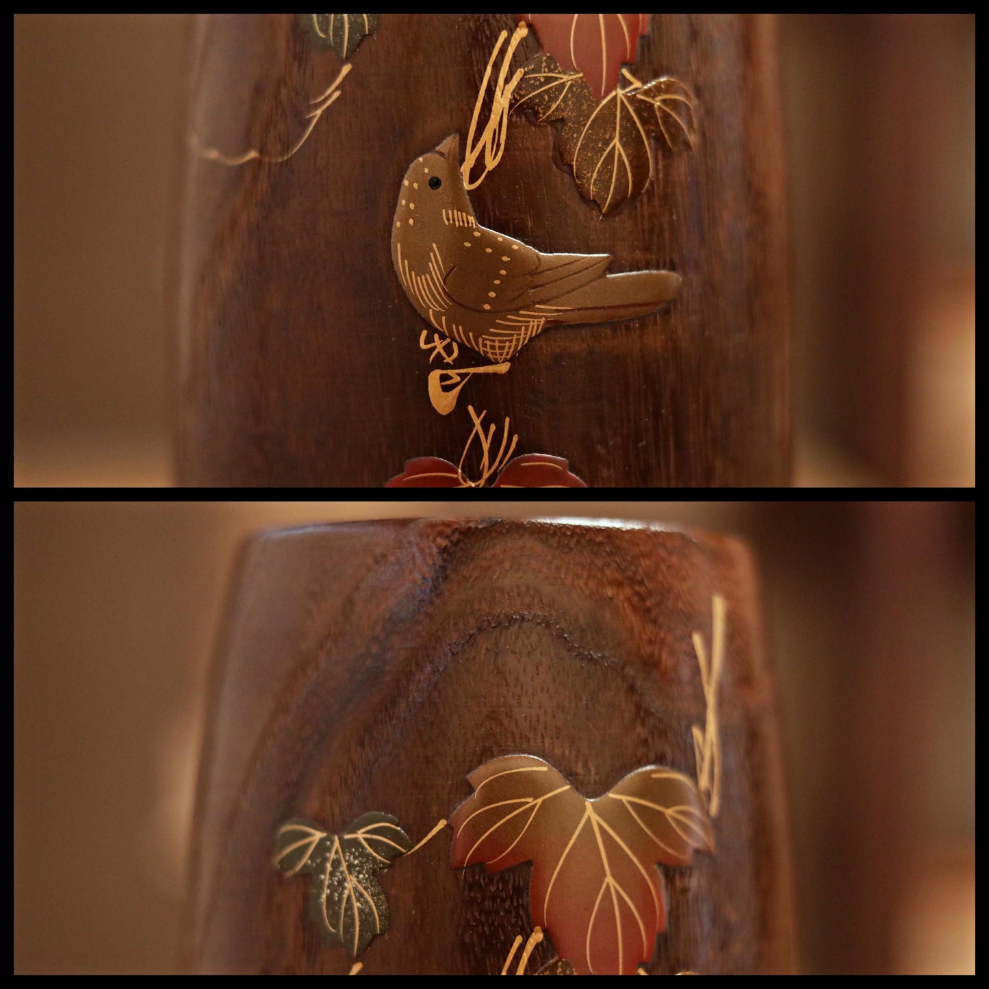 Japanese vintage Lacquer urushi art gold Makie flower vase made of wood with little bird and tree red leaves H11.6×4.7in/29.5cm×12cm