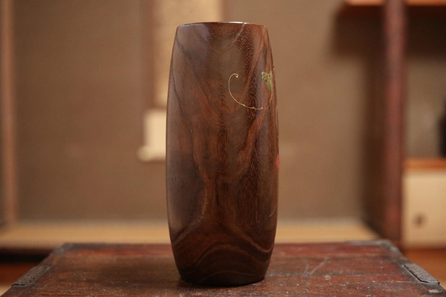 Japanese vintage Lacquer urushi art gold Makie flower vase made of wood with little bird and tree red leaves H11.6×4.7in/29.5cm×12cm