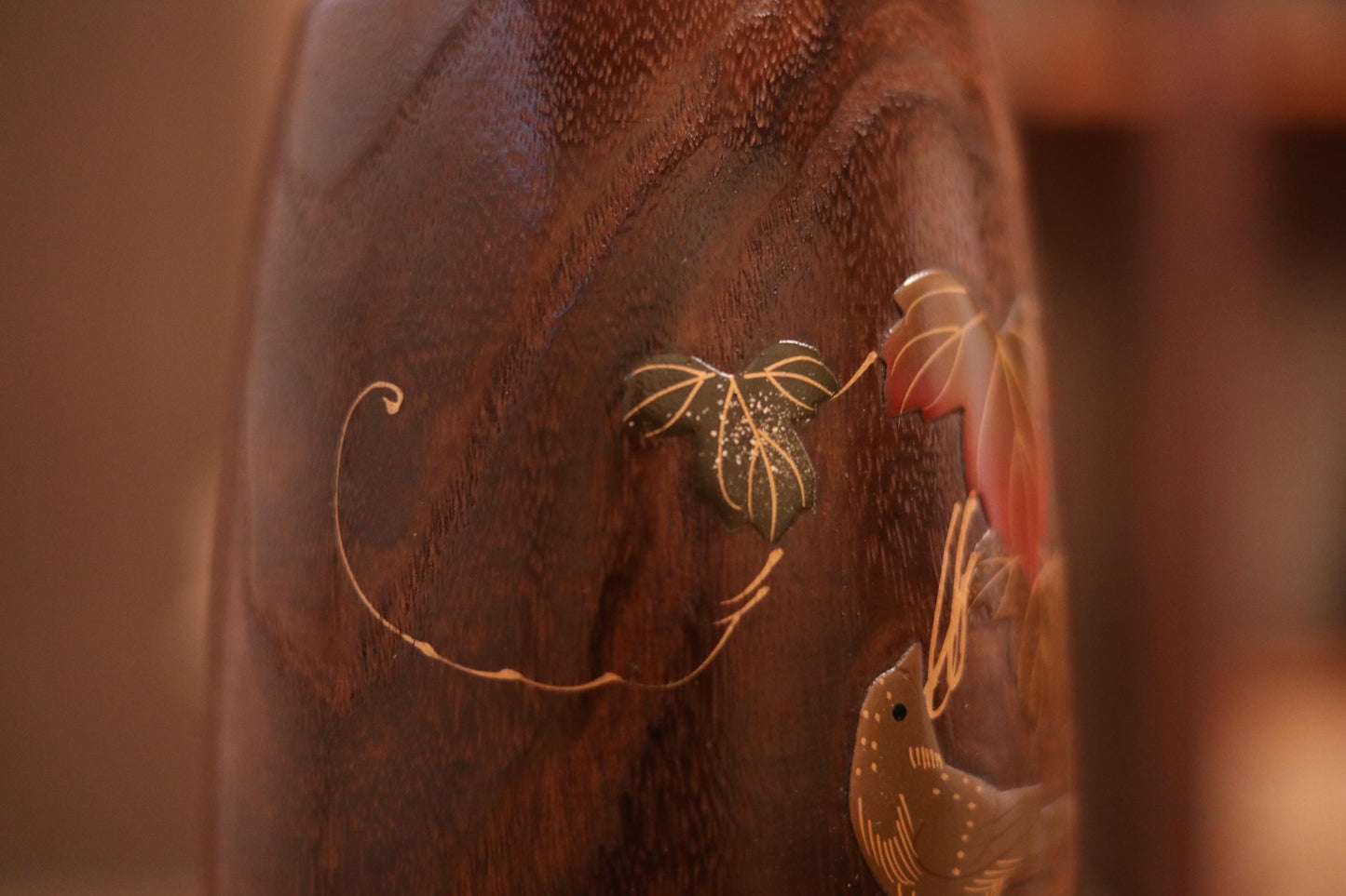 Japanese vintage Lacquer urushi art gold Makie flower vase made of wood with little bird and tree red leaves H11.6×4.7in/29.5cm×12cm