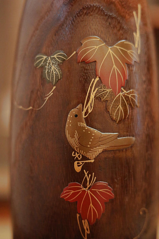 Japanese vintage Lacquer urushi art gold Makie flower vase made of wood with little bird and tree red leaves H11.6×4.7in/29.5cm×12cm