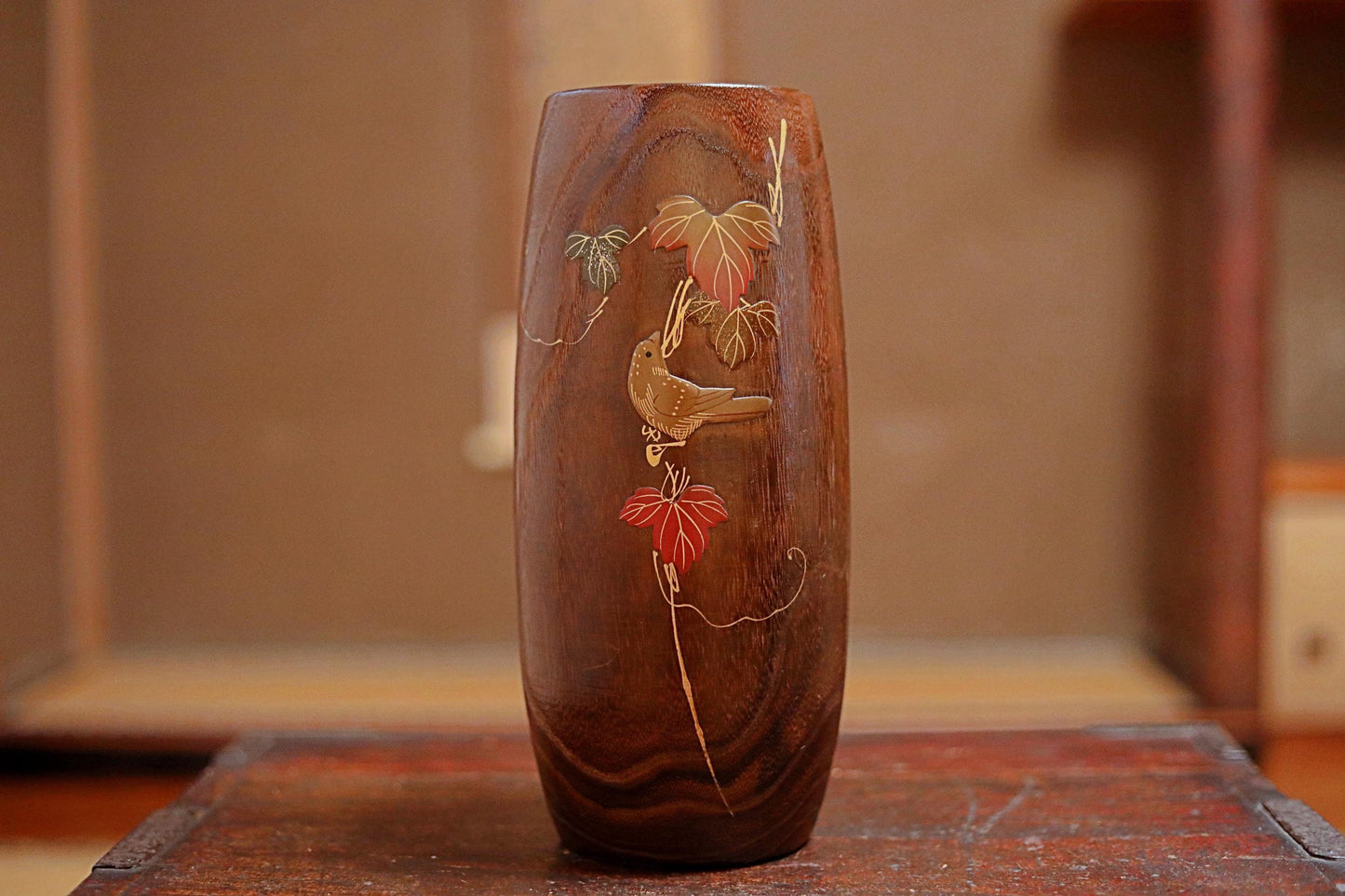 Japanese vintage Lacquer urushi art gold Makie flower vase made of wood with little bird and tree red leaves H11.6×4.7in/29.5cm×12cm