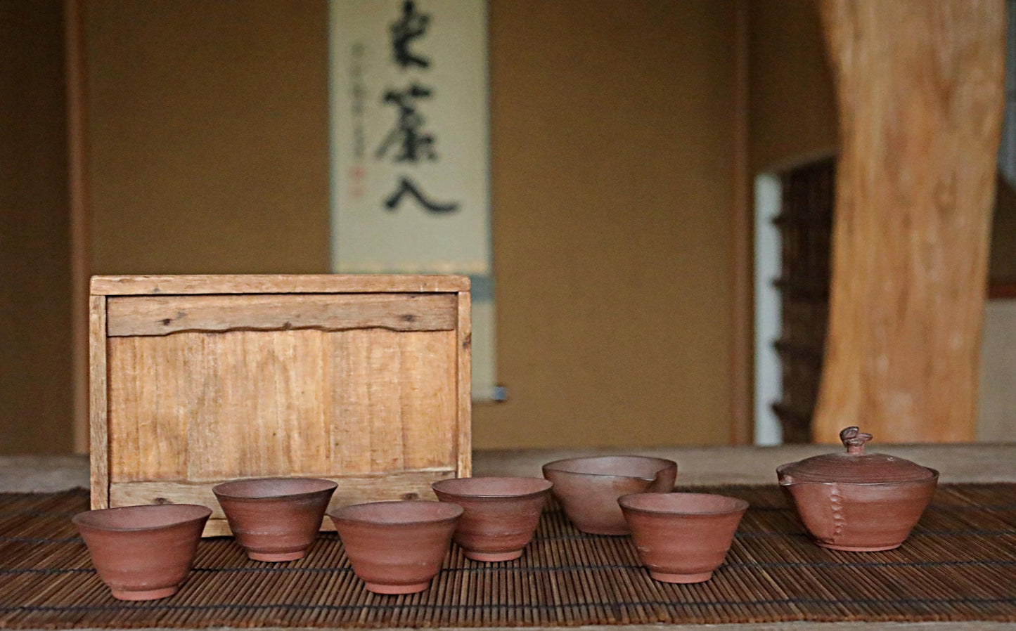 FINE! Japanese vintage Perfect tea set with sign 波六, pot, 5 cups, water cooler, SENCHA ceramic kiln craft tableware Tea ceremony For GIFT