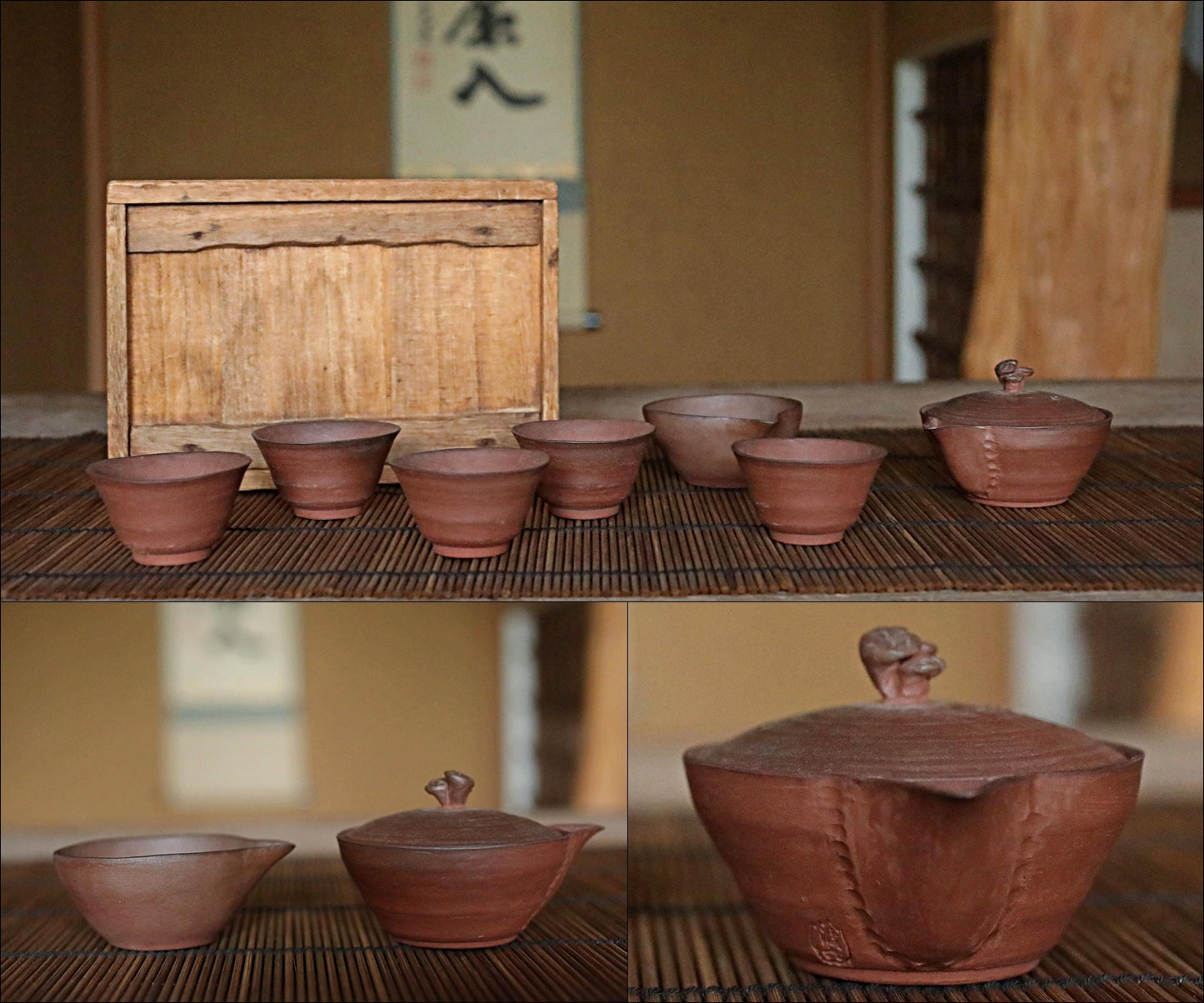 FINE! Japanese vintage Perfect tea set with sign 波六, pot, 5 cups, water cooler, SENCHA ceramic kiln craft tableware Tea ceremony For GIFT