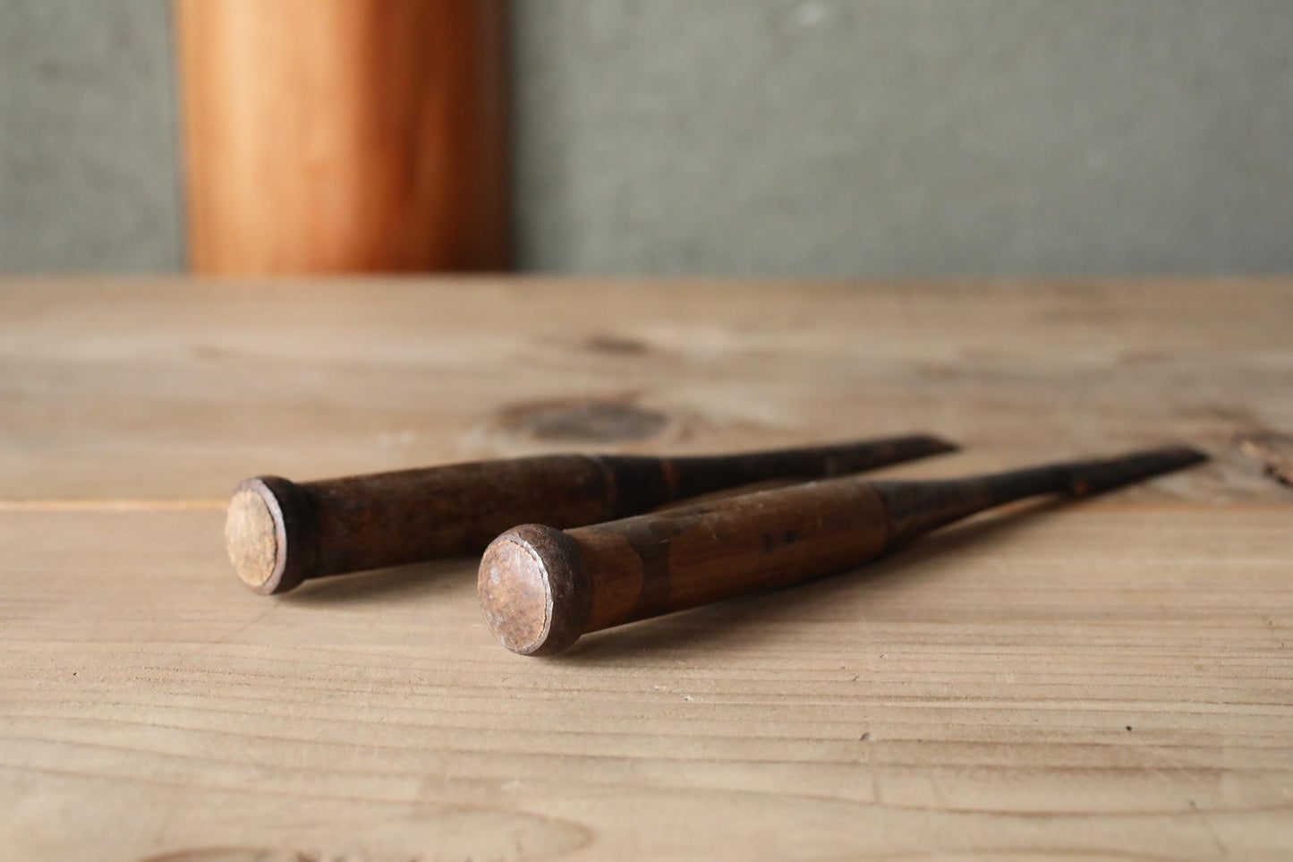 A pair of Japanese vintage carpenter's long narrow chisels 鑿 "Nomi", used Japanese craftsman's carving tool in 1900s 9.8×1in/25x1cm