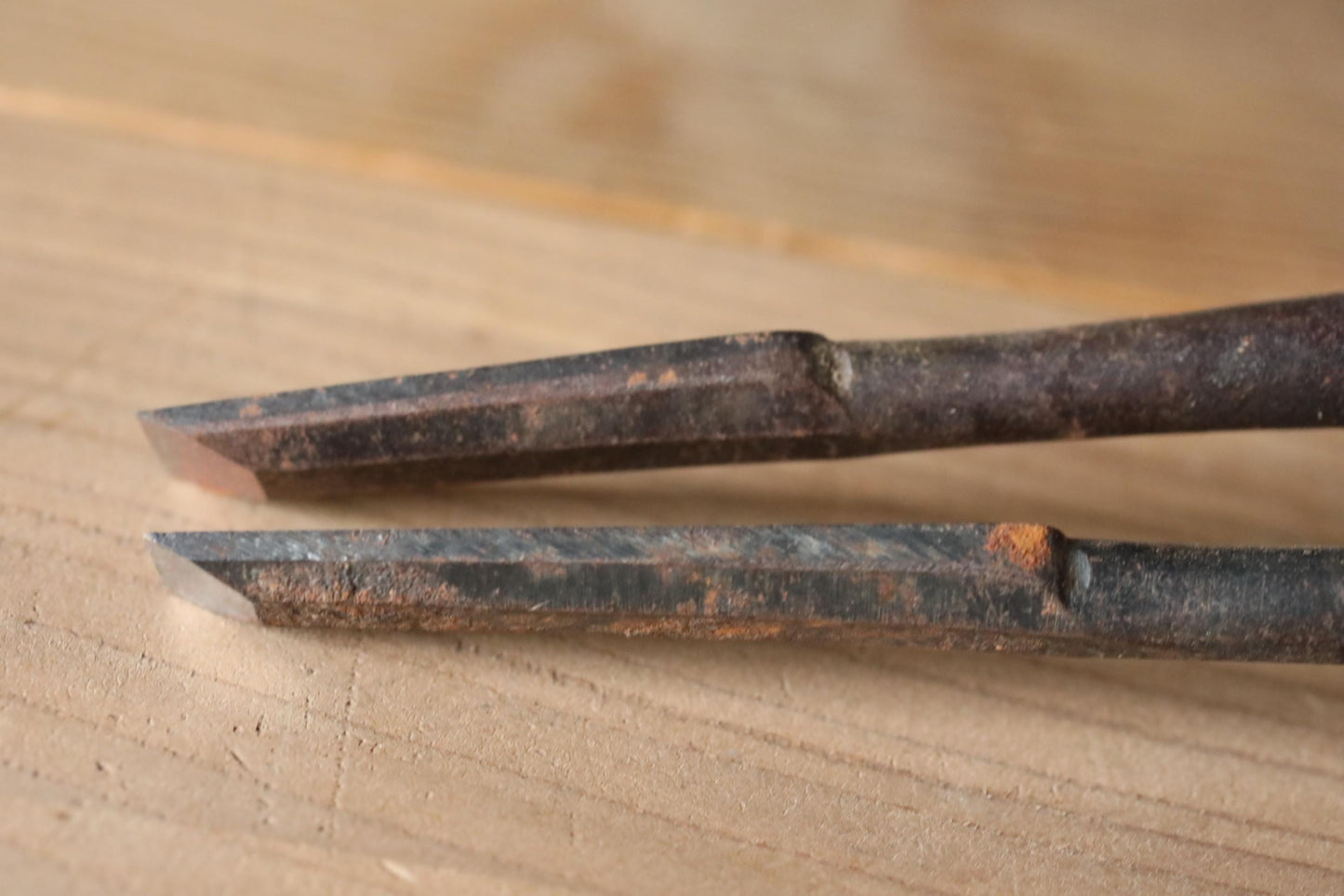 A pair of Japanese vintage carpenter's long narrow chisels 鑿 "Nomi", used Japanese craftsman's carving tool in 1900s 9.8×1in/25x1cm