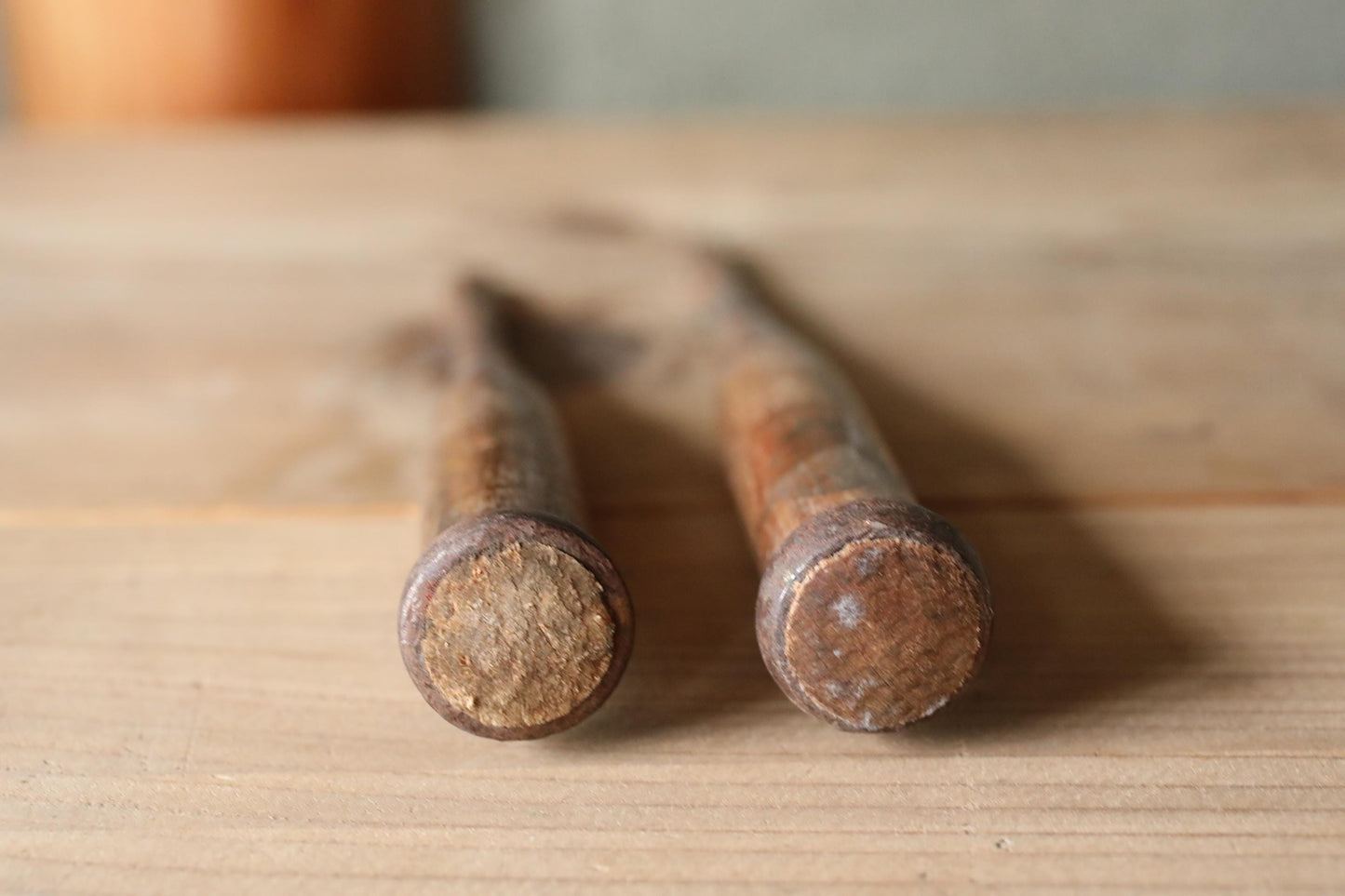 A pair of Japanese vintage carpenter's long narrow chisels 鑿 "Nomi", used Japanese craftsman's carving tool in 1900s 9.8×1in/25x1cm