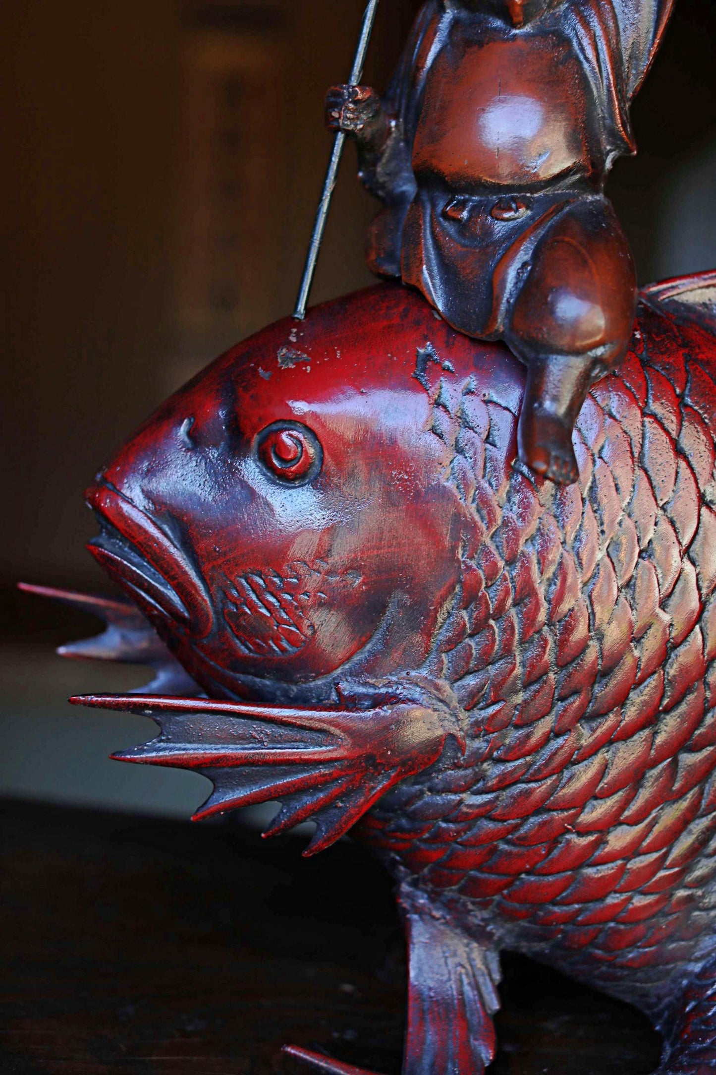 Large! Japanese vintage cast iron metal doll ornament TAI fish & god "Ebisu" with SENSU fish art H18.9in(H48cm)
