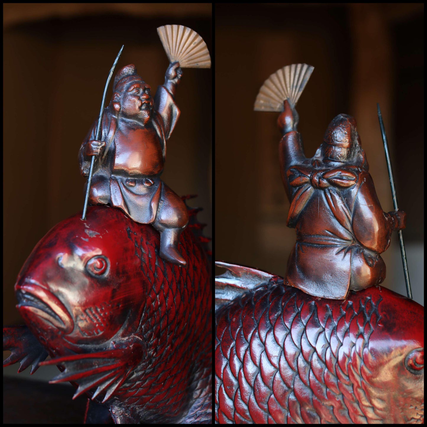 Large! Japanese vintage cast iron metal doll ornament TAI fish & god "Ebisu" with SENSU fish art H18.9in(H48cm)