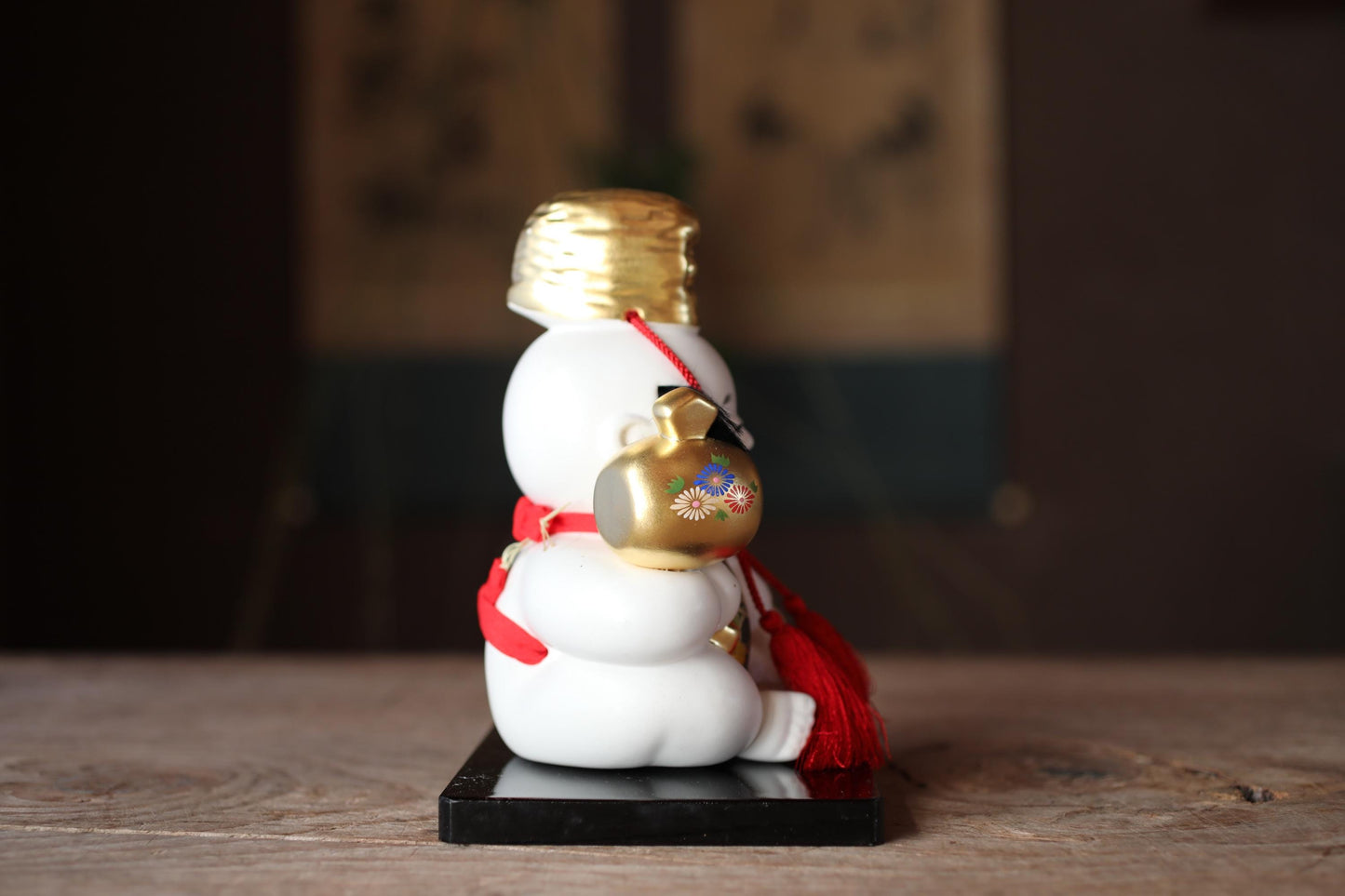 Japanese vintage small Children Doll with golden hammer made of pottery with pedestal H6.7×5.1in/H17×13cm