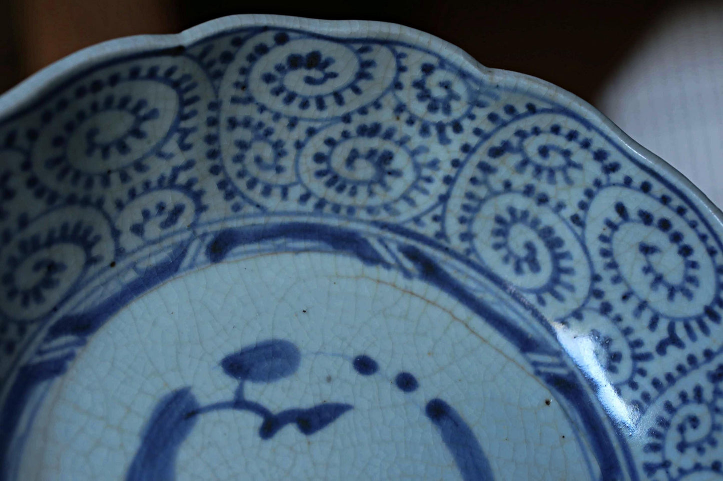 Set of 4 Plates salad-bowl, Japanese antique 1800s porcelain indigo blue Sometsuke "KOIMARI" with paintings of arabesque pattern 5.9in/15cm