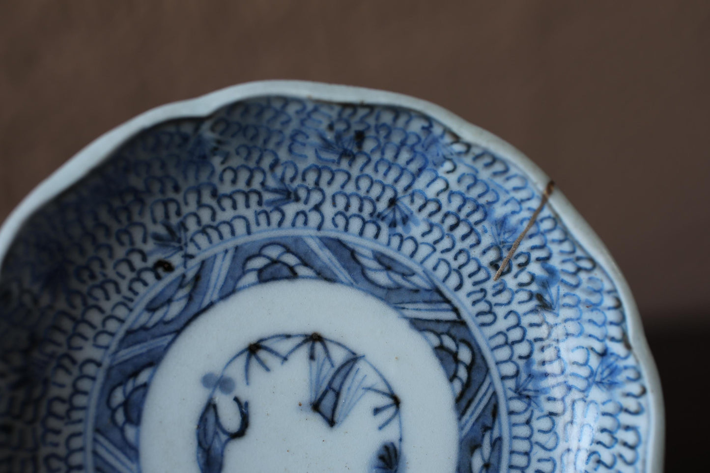 Japanese Antique EDO 1800s handcraft small plate, KINTUSGI porcelain ceramic dish Blue White relief pattern flower SOMETSUKE 4.3in/10.8cm