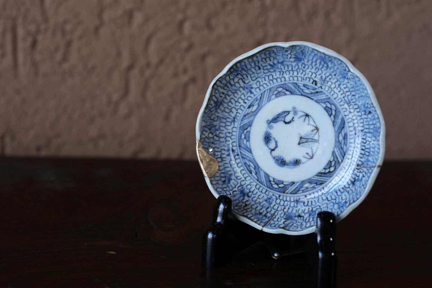 Japanese Antique EDO 1800s handcraft small plate, KINTUSGI porcelain ceramic dish Blue White relief pattern flower SOMETSUKE 4.3in/10.8cm