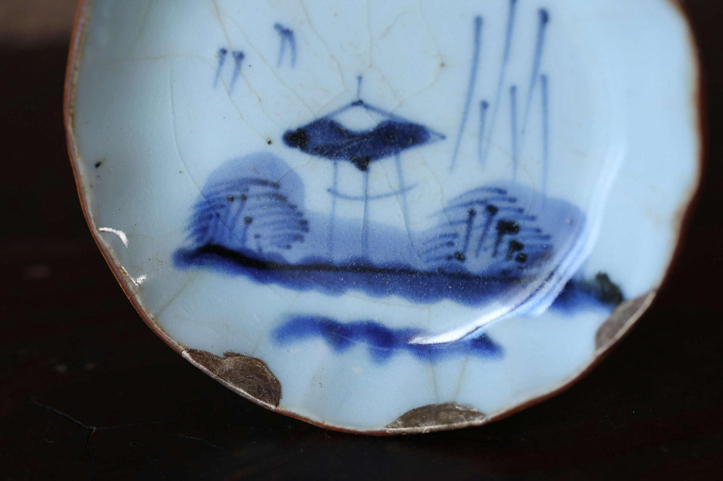 Japanese antique handcraft small plate, KINTUSGI porcelain ceramic dish Blue White SOMETSUKE 3.9in/10cm