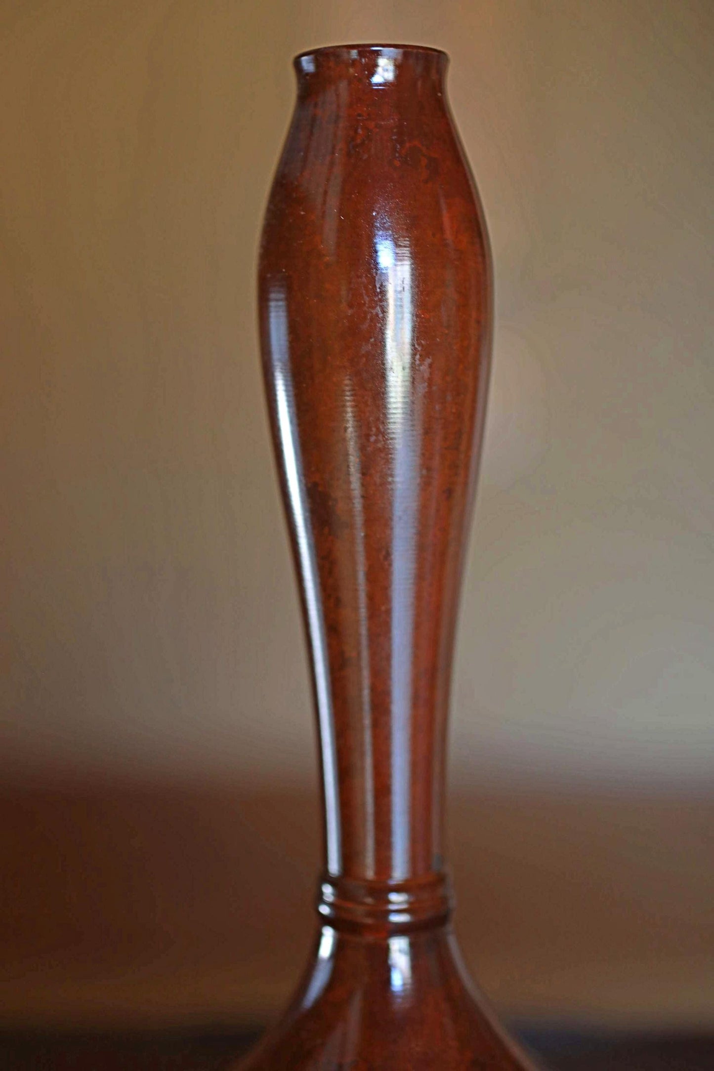 Japanese vintage bronze vase brown 鶴首TSURUKUBI gourd shaped reddish brown marbled, with box for Tea ceremony TAKAOKA For GIFT H8.5in/H21.5cm